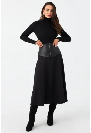 Kadın Siyah Suni Deri Detaylı Çan Etek MNH500