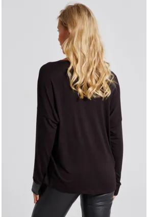 Kadın Siyah Suni Deri Detaylı Salaş Bluz ST827