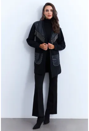 Kadın Siyah Suni Deri Detaylı Zımbalı Hırka MPK809