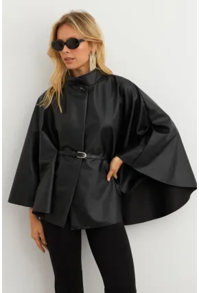 Kadın Siyah Suni Deri Kemerli Panço ELA3084-90