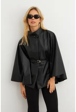 Kadın Siyah Suni Deri Kemerli Panço ELA3084-90