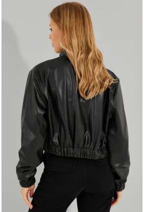 Kadın Siyah Suni Deri Kısa Bomber Ceket LST57
