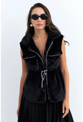 Kadın Siyah Suni Kürk Cepli Yelek MK66