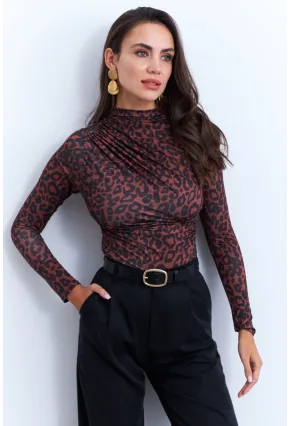 Kadın Siyah-Taba Desenli Büzgülü Bluz LPP1279