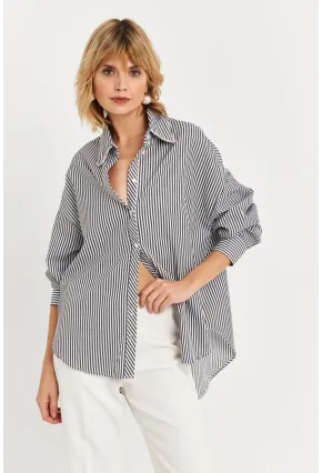 Kadın Siyah Taş Detaylı Çizgili Gömlek KED4088