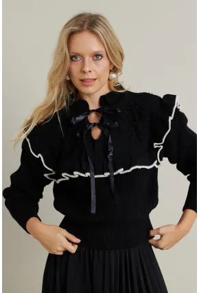 Kadın Siyah-Taş Fırfırlı Triko Bluz MQS1018