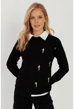 Kadın Siyah Taşlı Bluz MST6024