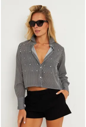 Kadın Siyah Taşlı Çizgili Kısa Gömlek ZER407