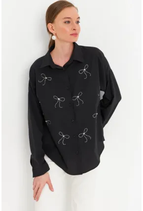 Kadın Siyah Taşlı Gömlek MZER426