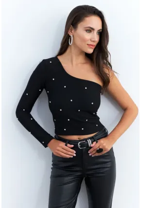 Kadın Siyah Taşlı Tek Kol Crop Bluz HOL2