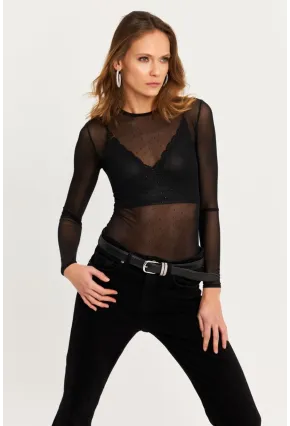 Kadın Siyah Taşlı Tül Body KED2116