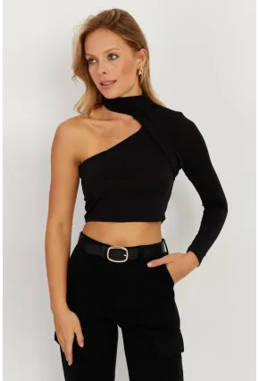 Kadın Siyah Tek Omuz Açık Bluz CY334