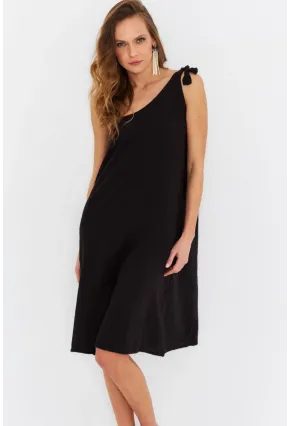 Kadın Siyah Tek Omuz Asimetrik Yaka Midi Elbise PC10813