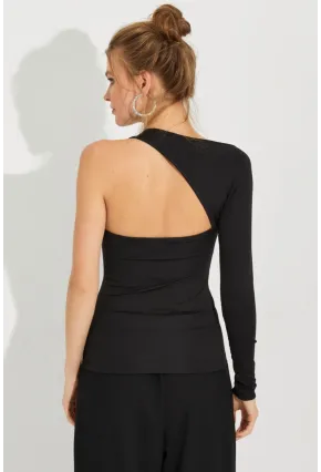 Kadın Siyah Tek Omuz Bluz EY2588