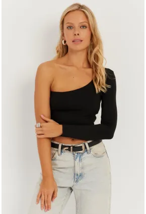 Kadın Siyah Tek Omuz Crop Bluz CY445