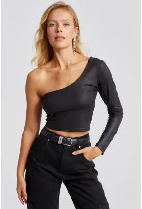 Kadın Siyah Tek Omuz Suni Deri Crop Bluz CY442