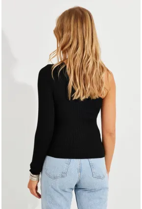 Kadın Siyah Tek Omuz Triko Bluz YV204