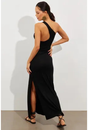 Kadın Siyah Tek Omuz Yırtmaçlı Maxi Elbise EY2498