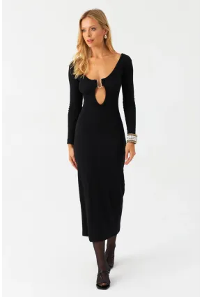 Kadın Siyah Toka Aksesuarlı Pencereli Midi Elbise EY2999