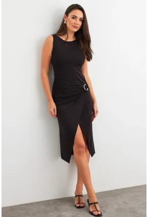 Kadın Siyah Toka Aksesuarlı Yırtmaçlı Midi Elbise EY3023