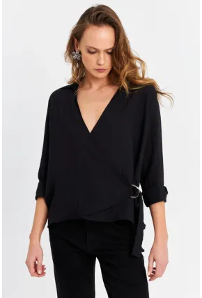 Kadın Siyah Tokalı Kruvaze Gömlek MRS15744