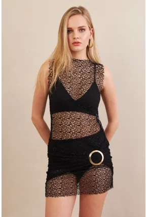 Kadın Siyah Tokalı Mini Dantel Plaj Elbisesi DCF052