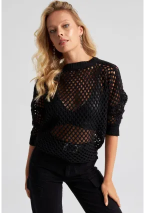 Kadın Siyah Triko File Bluz YV216