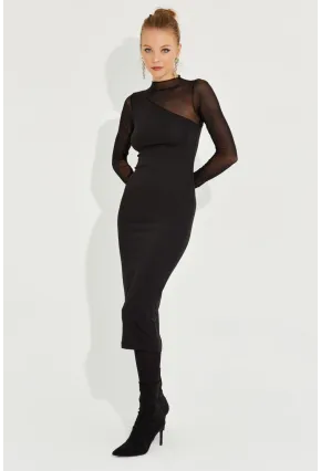 Kadın Siyah Tül Detaylı Asimetrik Midi Elbise EY2601