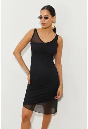 Kadın Siyah Tül Detaylı Asimetrik Mini Elbise B2475