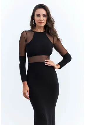 Kadın Siyah Tül Detaylı Midi Elbise ELT3834