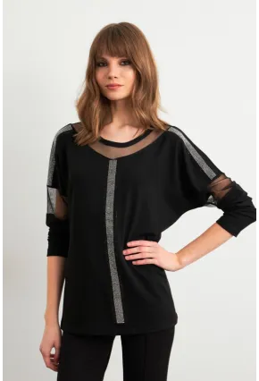 Kadın Siyah Tül Detaylı Taşlı Bluz PRO4050