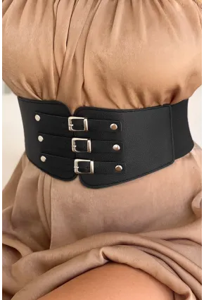 Kadın Siyah Üç Tokalı Lastikli Korse Kemer BE642