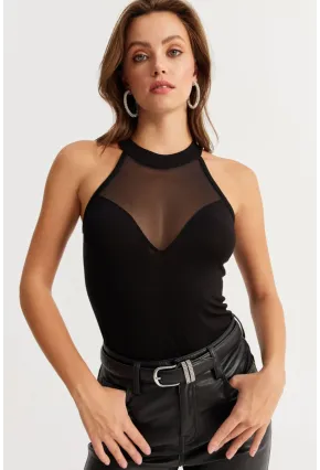 Kadın Siyah Üstü Tül Halter Yaka Bluz EY2922