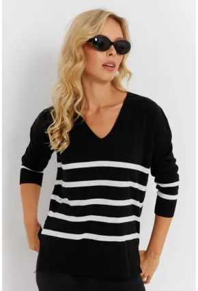Kadın Siyah V Yaka Çizgili Triko Kazak YİL550