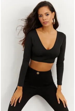 Kadın Siyah V Yaka Crop Bluz CG265