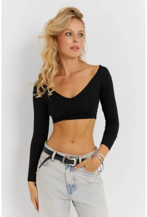 Kadın Siyah V Yaka Crop Bluz CG368