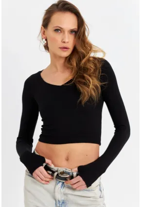 Kadın Siyah V Yaka Crop Bluz DMR389