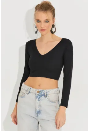 Kadın Siyah V Yaka Crop Bluz LPP1241