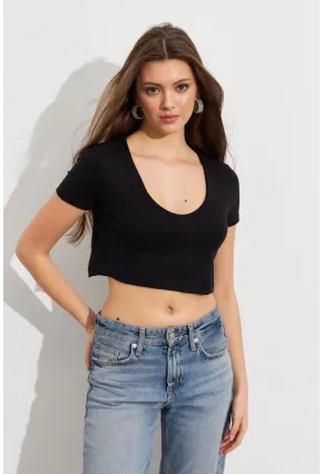 Kadın Siyah V Yaka Crop Bluz TOP101