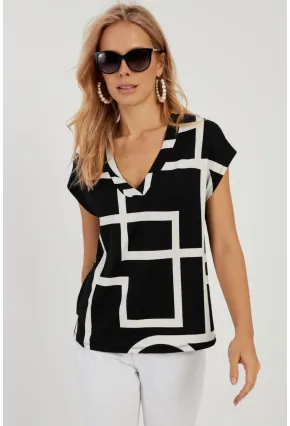 Kadın Siyah V Yaka Desenli Bluz AYD293