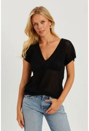 Kadın Siyah V Yaka Fileli Bluz SMT230