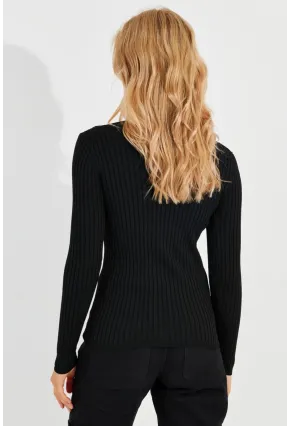 Kadın Siyah V Yaka Fitilli Triko Bluz SMT216