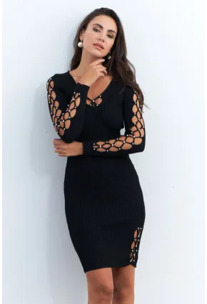 Kadın Siyah V Yaka İncili Triko Midi Elbise RM08