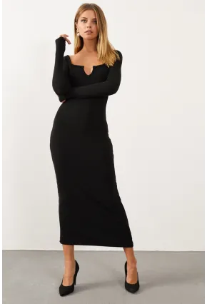 Kadın Siyah V Yaka Maxi Kaşkorse Elbise EY1086