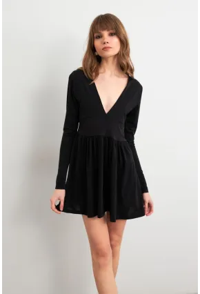 Kadın Siyah V Yaka Mini Elbise LİK17