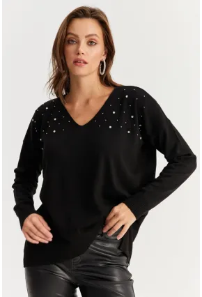 Kadın Siyah V Yaka Taşlı İnce Triko Bluz YİL002