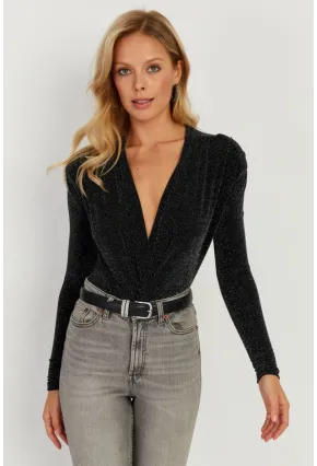 Kadın Siyah Vatkalı Kruvaze Çıtçıtlı Bodysuit GÇ151