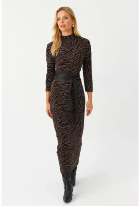 Kadın Siyah-Vizon Desenli Midi Elbise MLPP400