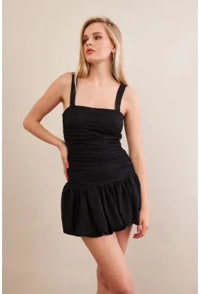 Kadın Siyah Volanlı Astarlı Mini Tül Elbise KED7316