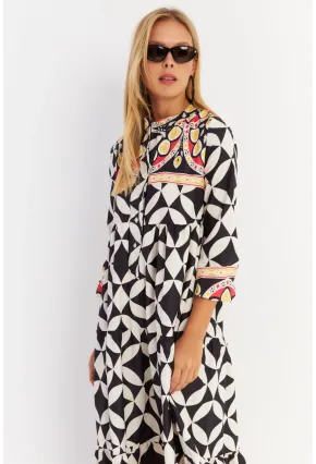 Kadın Siyah Volanlı Desenli Maxi Elbise MYLE14